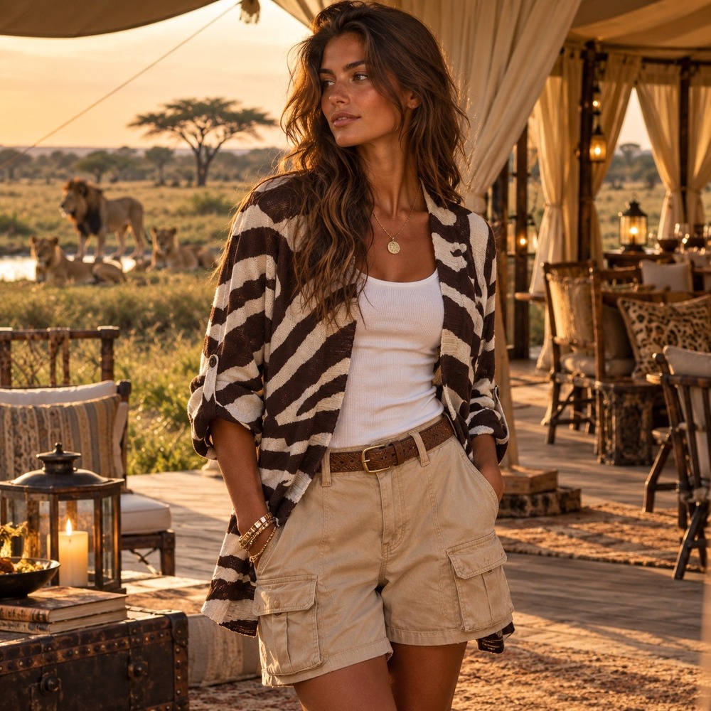 Chico's Women's Brown Zebra Print Roll Tab Sleeve Linen Cardigan Size Large